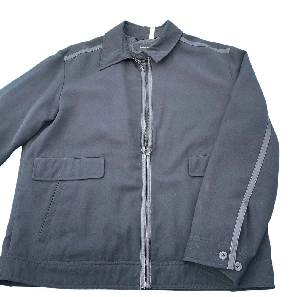 Claiborne Mens Full Zip Quilted Lined Jacket Black Faux Leather Trim Lrg *as is
